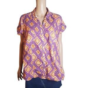 Sonoma Size XL (fitted) Women's Purple Orange Button Up Geometric Cotton Top